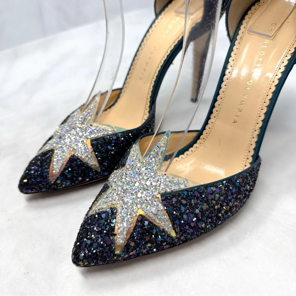 Charlotte Olympia Twilight Princess Glitter Star Ankle Strap Pointed Toe Heels - Picture 6 of 16